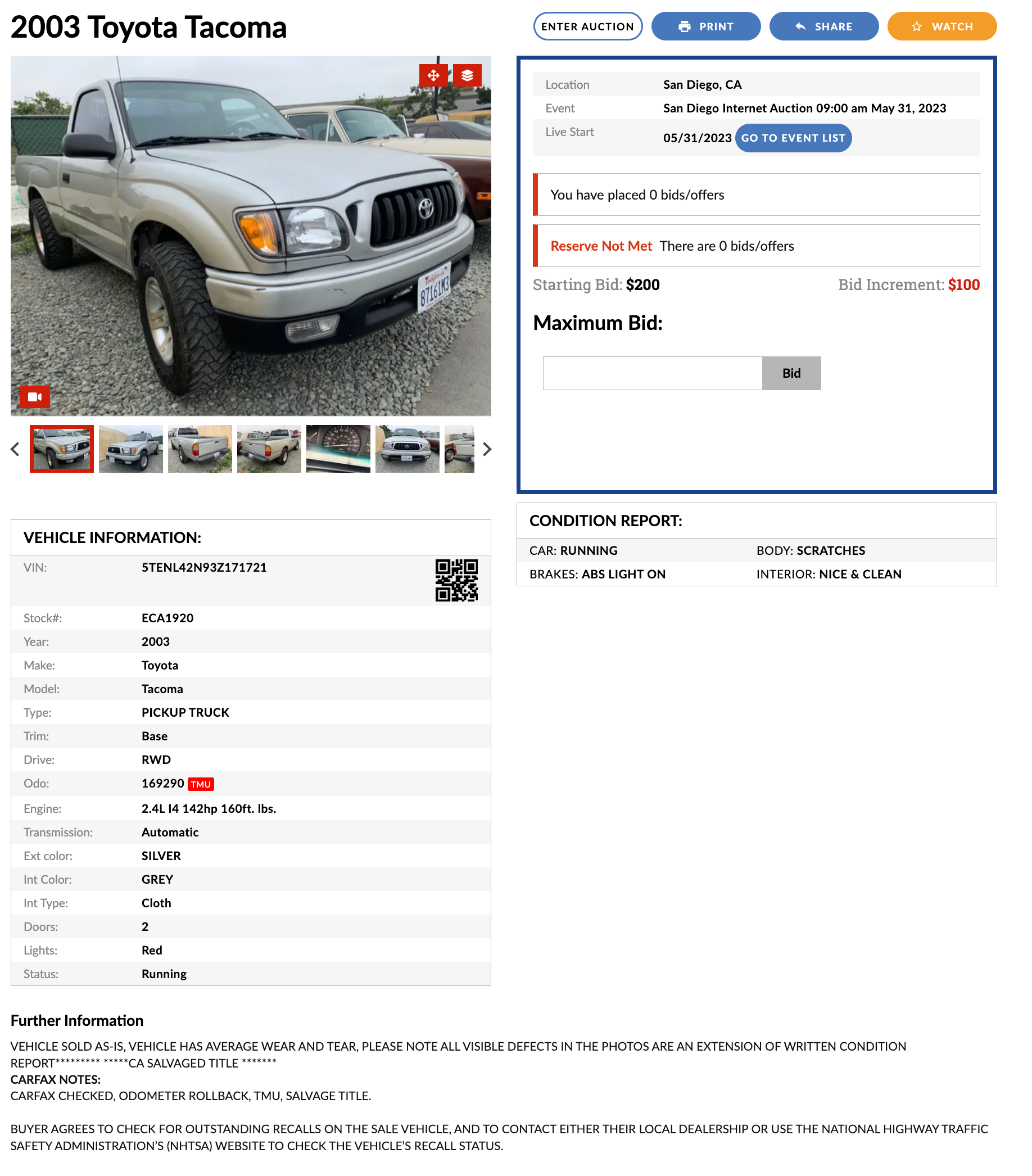A 2003 Toyota Tacoma up for sale at Express Auto Auction